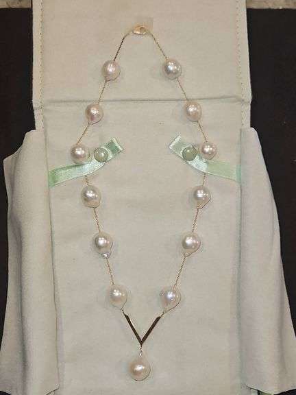 NIB Ross Simons 12-14mm Cultured Baroque Pearl V-Necklace in 14kt Yellow Gold 848961... image