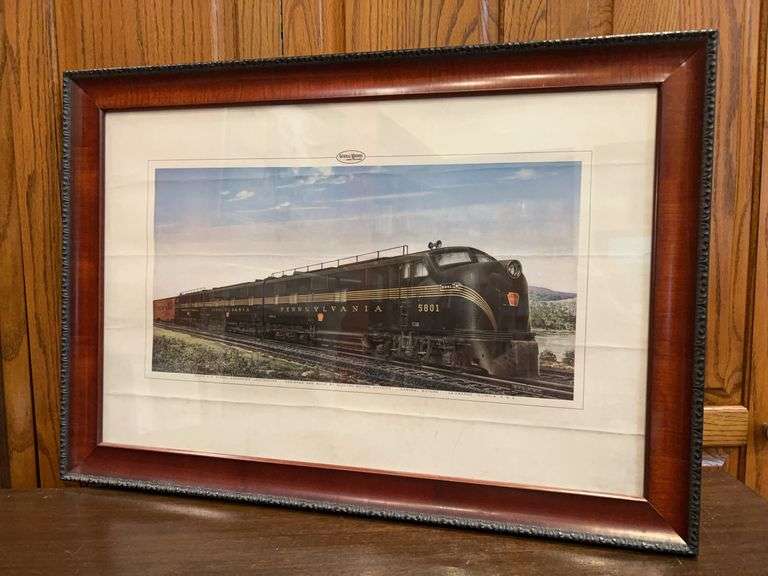 Framed print of a Pennsylvania Railroad (PRR) diesel locomotive number 5801, commonly known as a "Sharknose" locomotive…..29-1/2 x 20-1/2 image