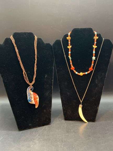 (3) costume necklaces…..left is multi/strand with art glass pendant by Erica image