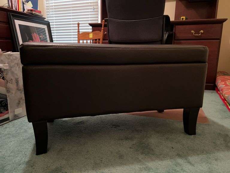 Chocolate brown faux leather storage bench…..32 x 16 x 17 tall overall image