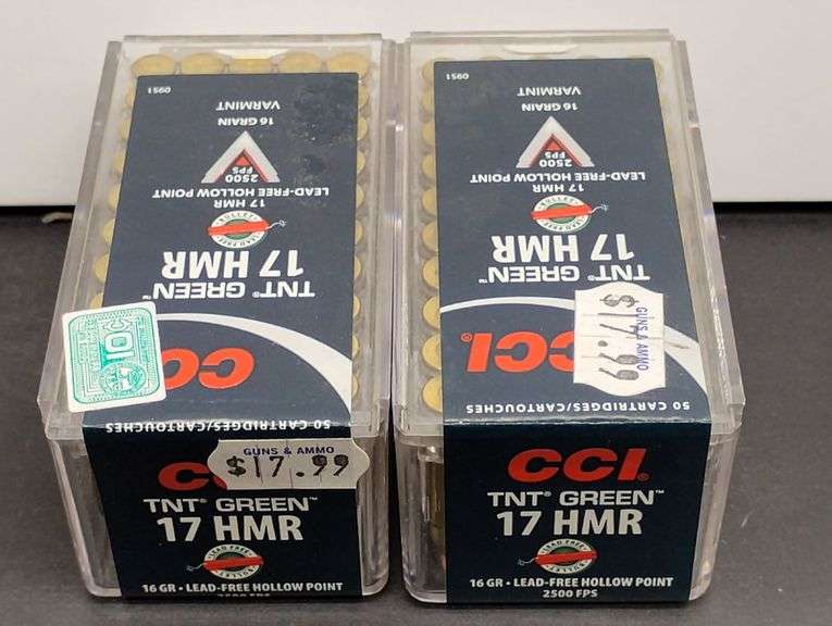 Two 50 Cartridge Boxes CCI TNT Green 17 HMR Hollowpoint 16 Grain image