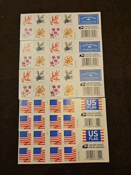 5 Packs of 20(100 Total) USA First-Class Forever Stamps 3 Packs "Winter Berries" & 2 Packs "US Flag"... image