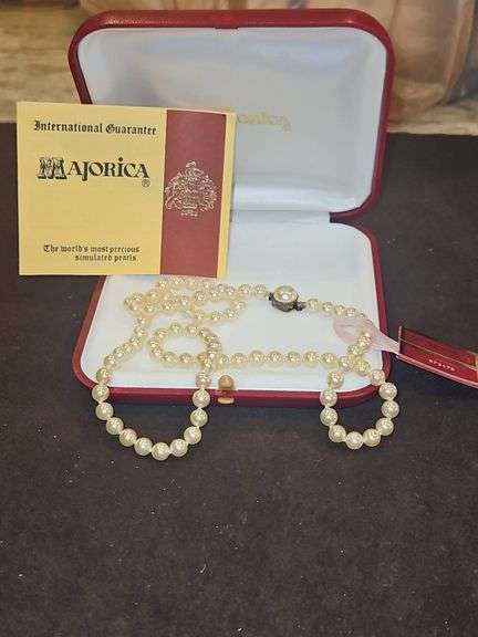 NIB Vintage Majorica 24" Simulated Pearl Necklace w/925 Sterling Silver Clasp in Original Box w/Paperwork... image