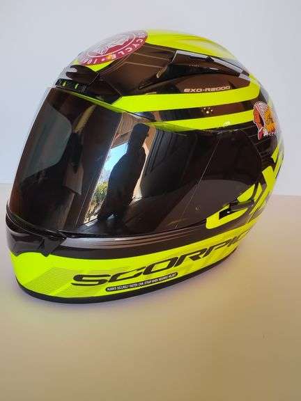 SCORPION EXO-R2000 Motorcycle Helmet. Like  new. Size XS. With additional new clear face shield. The helmet has Indian decals on it. The helmet and additional face shield both have storage bags. image