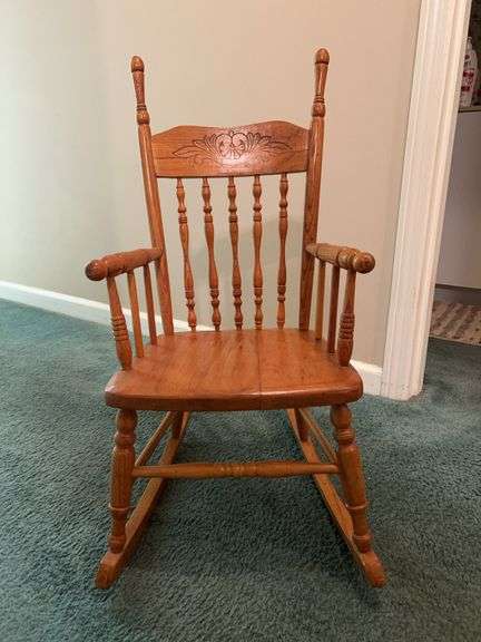 Vintage child’s size rocker with floral carved back…..13-1/4 x 12 x 29 tall image