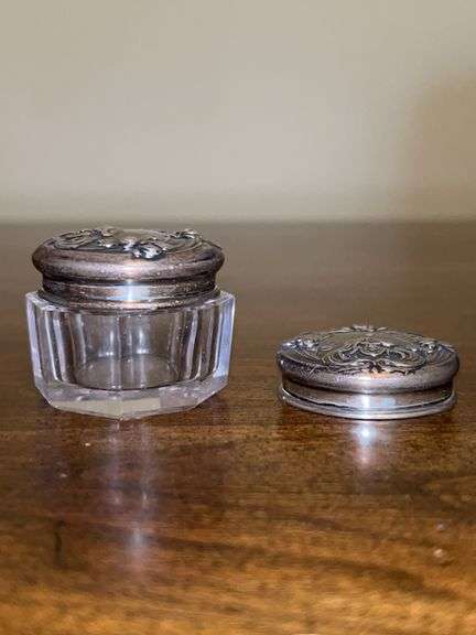 Very small vanity jar with sterling lid and matching sterling lid without the jar…..7/8” tall image