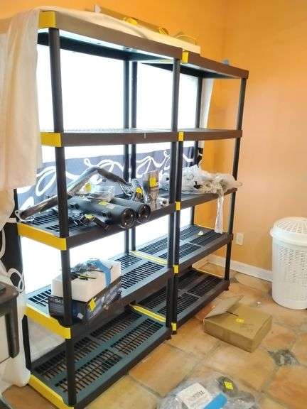 2 - 5 TIER BLACK PLASTIC SHELVING UNITS, INTERTEC 3174451, ETL SANITATION LISTED, VERY NEW, ONE CONNECTOR LEG MISSING. 75" H x 36" W x 18" DEEP. Contents on shelves not included. image