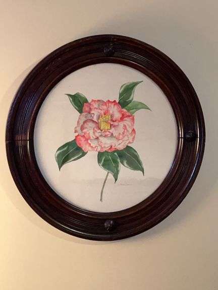 Vintage mahogany framed floral print by V. Hamilton…..18”D…..missing left side medallion on frame image