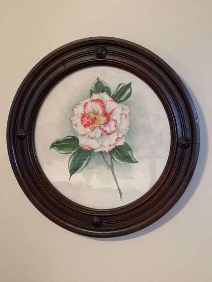 Vintage mahogany framed floral print by V. Hamilton…..18”D image