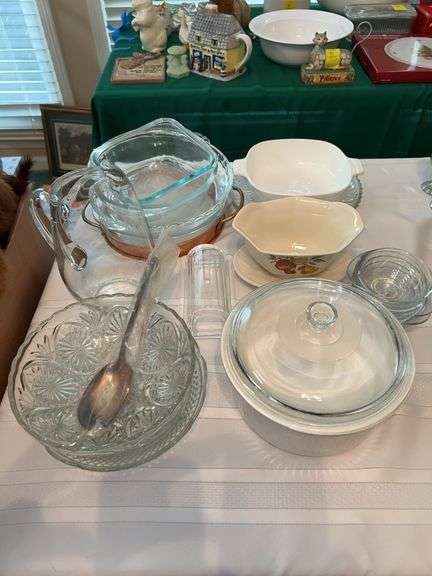Grouping of miscellaneous glassware…..serving bowls, pie plates, Corning Blue Cornflower and more image