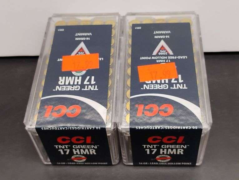 Two 50 Cartridge Boxes CCI TNT Green 17 HMR Hollowpoint 16 Grain image