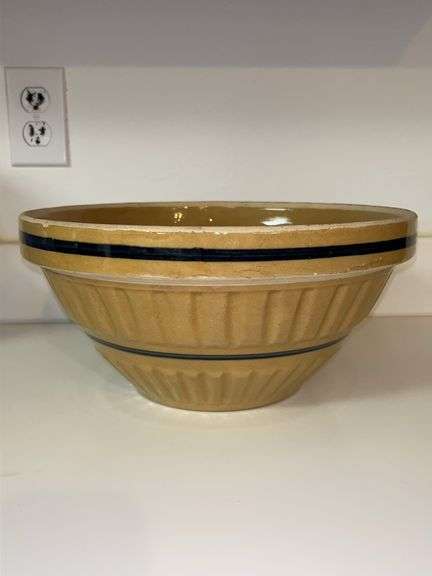 Vintage Yellow Ware Bowl with Blue Stripes…..marked 12 on bottom image
