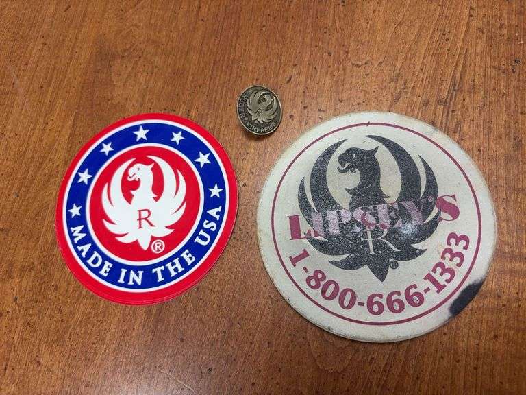 Three Ruger 3” Round Stickers, 4” Stone Ruger Coaster and Three 1” Ruger Pins image