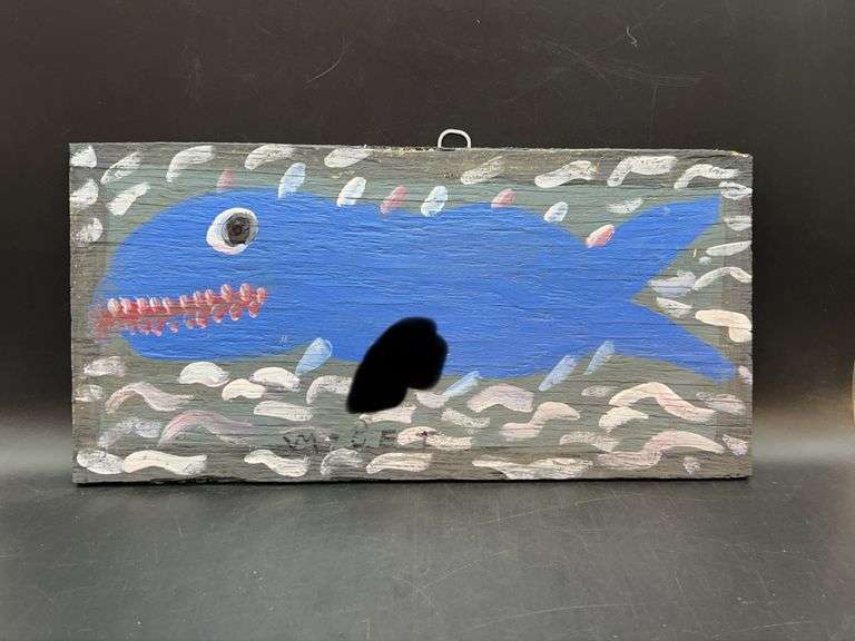 GRAPHIC - Authentic Signed Contemporary Artist Mose T Blue Whale Folk Art with signature soda can tab hanger…..17-1/4 x 8-1/2 image
