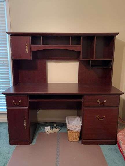 Beautiful cherry desk unit with center pull out keyboard tray, 2 side drawers and compartment for computer tower or other…..59-1/2 x 23-1/2 x 59 tall…..ALL ONE UNIT image