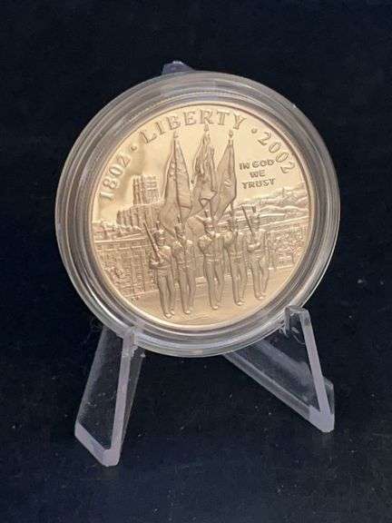 2002 US Mint Military Academy Bicentennial Commemorative Proof Coin in original box with sleeve and COA image