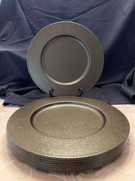 Set of (8) bronze-look metal chargers…..13”D image