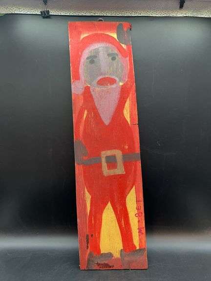 Authentic Signed Contemporary Artist Mose T Santa Folk Art with signature soda can tab hanger…..6-1/8 x 10-1/2 image