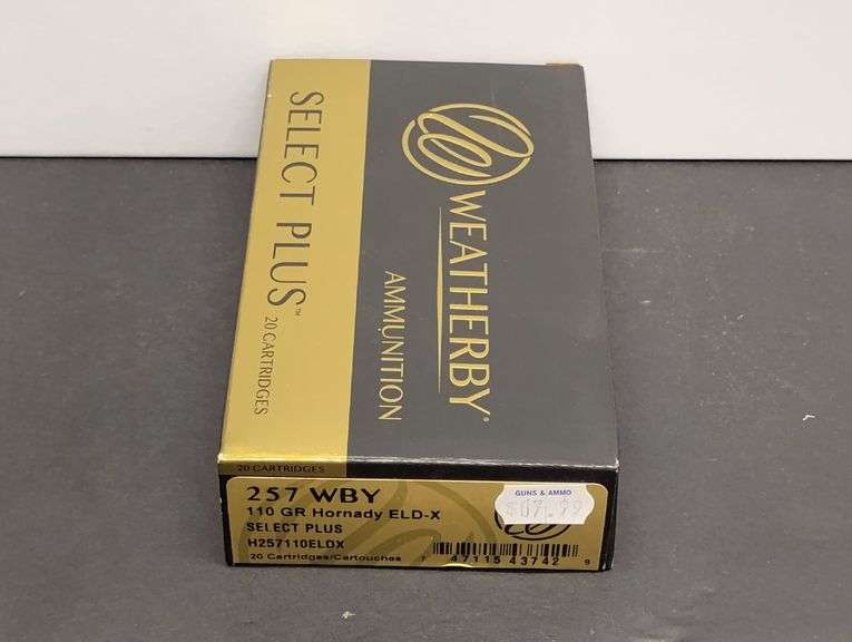 One 20 Cartridge Box Weatherby Select Plus 257 WBY 110 Grain Hornady ELD-X image