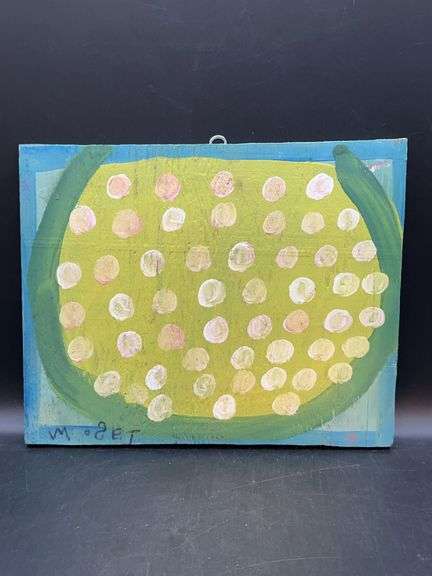 Authentic Signed Contemporary Artist Mose T Lime Green Meat Watermelon Folk Art with signature soda can tab hanger…..13-1/4 x 10-3/4 image