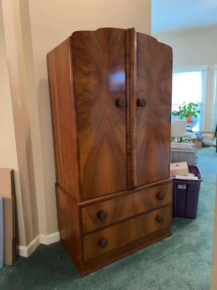 Gorgeous antique burl walnut wardrobe in really good condition….32 x 18 x 61-3/4 tall image