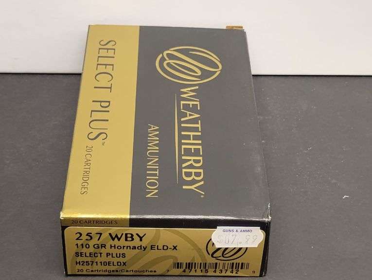 One 20 Cartridge Box Weatherby Select Plus 257 WBY 110 Grain Hornady ELD-X image