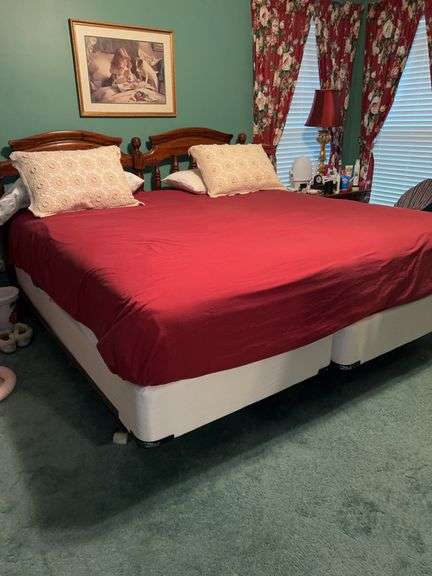 Very nice Link-Taylor colonial pine king size bed with headboard and Harbor Home Gold Collection mattresses…..LINENS ARE NOT INCLUDED image