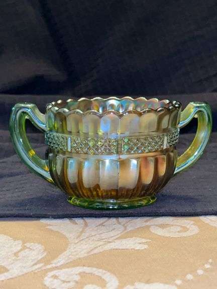Northwood Carnival Green Glass Creamer in the "Lustre Flute" pattern…..3-1/2”D x 2-3/4” tall image