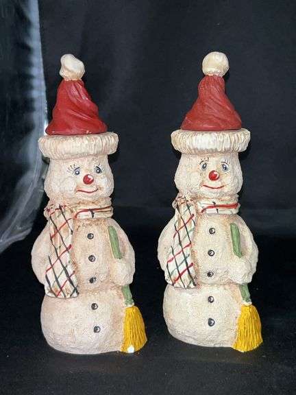 Pair of Wood World snowmen candle holders….hats are removable for candles or use as is for home decor…..7-1/2” tall….small chip on one broom image