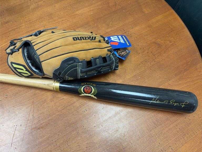 33” Wooden Ruger Anniversary Baseball Bat and a New w/Tags 13” Mizuno Baseball Leather Glove image