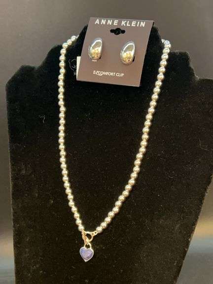 NWT Anne Klein silver beaded necklace with blue prism pendant and matching E-Z Comfort Clip earrings image