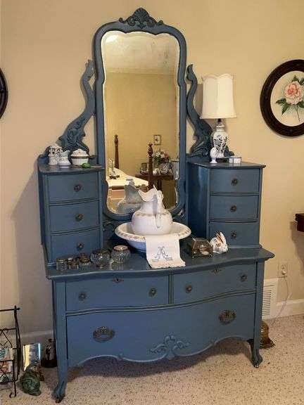 Antique 2-piece dresser/vanity painted in a cauliflower blue shade…..45 x 21 x25 to top of bottom piece…..top piece is 50” tall image