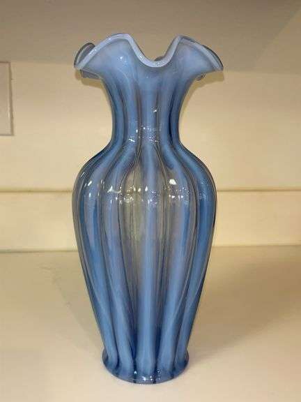 Fenton Periwinkle Blue Spiral Optic Overlay Vase - 11" tall image