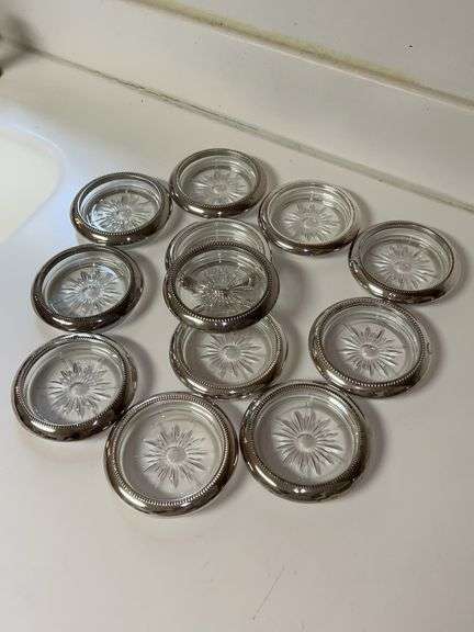 Set of (12) Leonard silver plate rimmed glass coasters…..4”D image