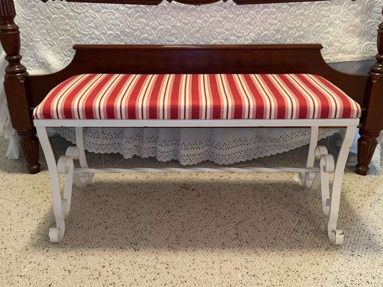 Vintage wrought iron base bench with striped padded seating…..35 x 13-3/4 x 17-1/2 image
