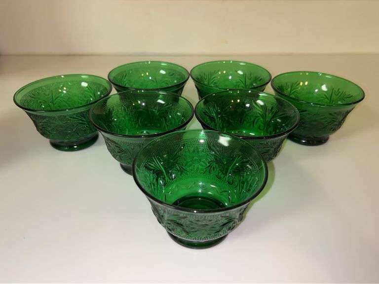 Set of (7) Vintage MCM Anchor Hocking Forest Green Sandwich Glass Footed Sherbet Bowls…..3-1/2”D x 2-1/2” tall image