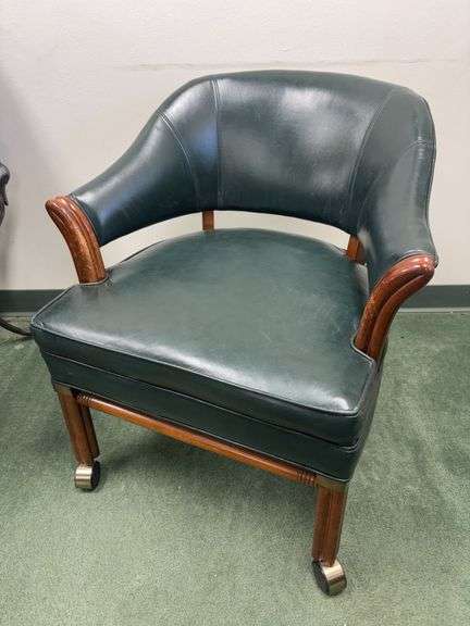 Hickory Leather Co. Forrest Green Rolling Club Chair with Wood and Brass Details image