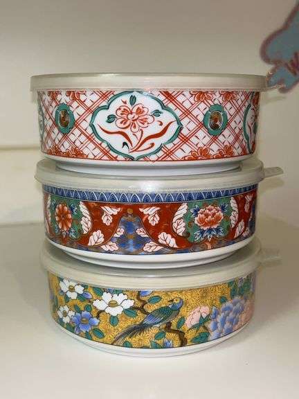 Set of (3) ceramic serving bowls with plastic lids…..6-1/4”D x 2-1/2” tall image