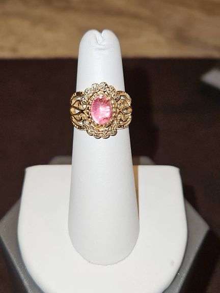 Beautiful Ladies ring size 4.5 w/light purple stone & diamond looking chips around stone TOO SMALL FOR DIAMOND TESTER TO GET PAST SETTING AND NO GOLD MARKING... image