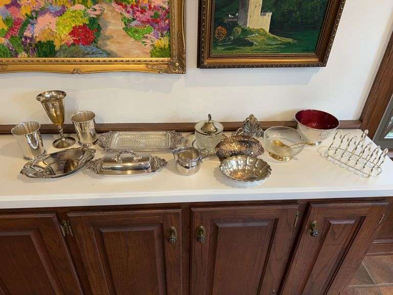 Great selection of silverplate items…..mint julep cups (S monogram), Covered butter dish, lidded sugar bowl and more image