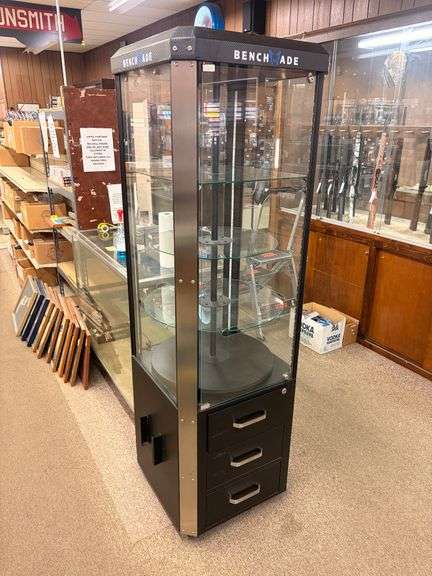 4-Tier Benchmade Display Case with Rotating Glass Shelves and Carbon Fiber Style Exterior image