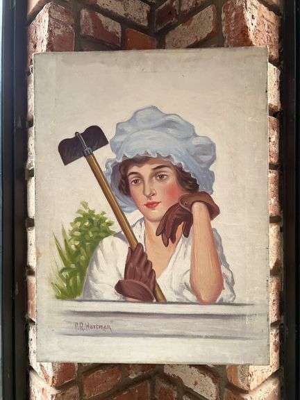 Signed (P.R. Hartman) wrapped oil on canvas of lady gardener…..18 x 24 image
