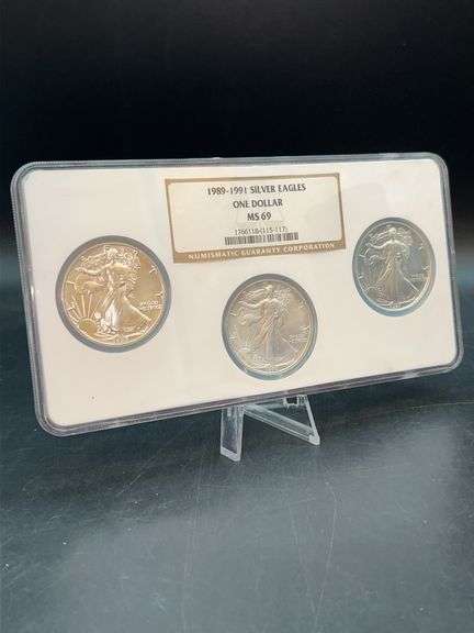 Set of 1989-1991 Silver Eagles One Dollar Coins, certified by the Numismatic Guaranty Corporation (NGC) with a grade of MS 69 image