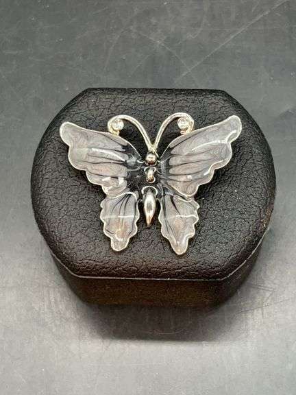 Gorgeous shades of gray enameled butterfly brooch with rhinestone tipped antennae image