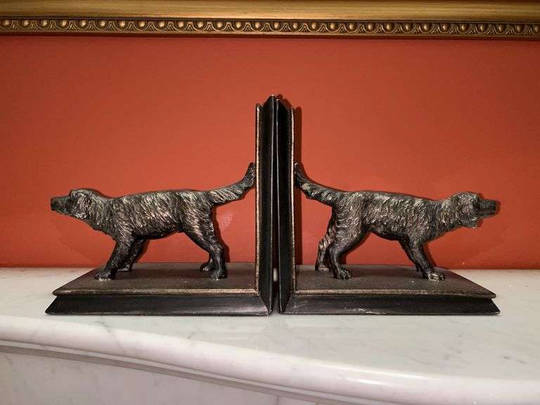 Pair of resin (bronze-look) setter dog bookends….6-3/4” long x 6-1/2” tall image