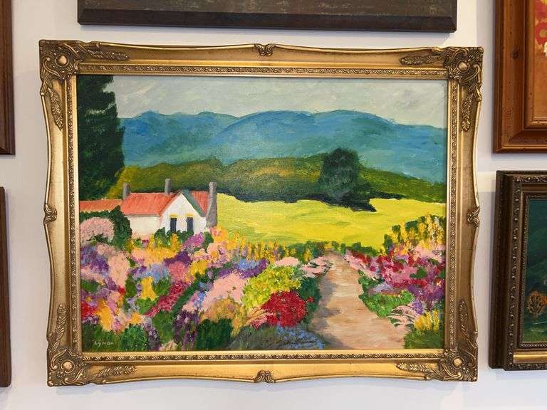 Gold gilt framed oil on canvas of country house and floral pathway…..signed LYNDA…..27 x 21 image