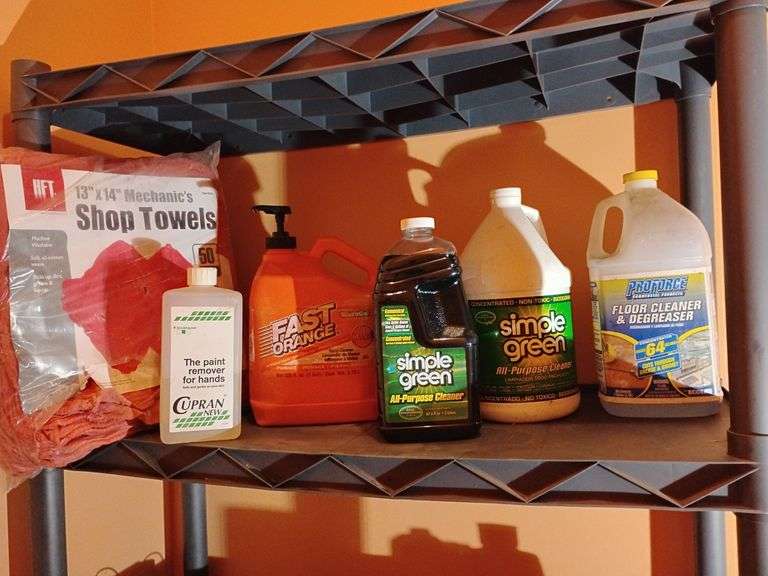 Assortment 50 pack HFT Shop Towels, opened, almost full pack, 13" x 14" Mechanic's. 1/2 full 33oz  Cupran New The paint remover for hands. Near full 1 Gal. mostlyFast Orange MicroGel Hand Cleaner. 1 full 67.6 oz  Simple Green, one 1/2 full 1 Gal Simple Green. 1 mostly used 1 Gal ProForce Commercial Floor Degreaser concentrate. image