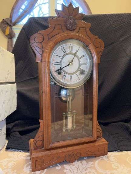 Vintage William L. Gilbert Clock Company mantle clock….does have key but not running…..has partial original label on back image