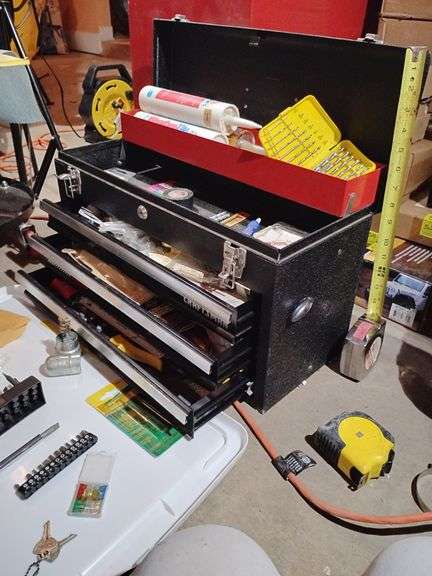 Tool box top bin with 3 lower drawers, the keys are with the box, 20 1/2"L x 12"T x 8 1/2"D mixture of all kinds. image