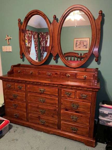 Gorgeous Link-Taylor Colonial Pine double mirror dresser…..piece is stunning…..dresser is 64 x 20 x 34 tall…..mirror is 57-1/2 x 37-1/2 tall image